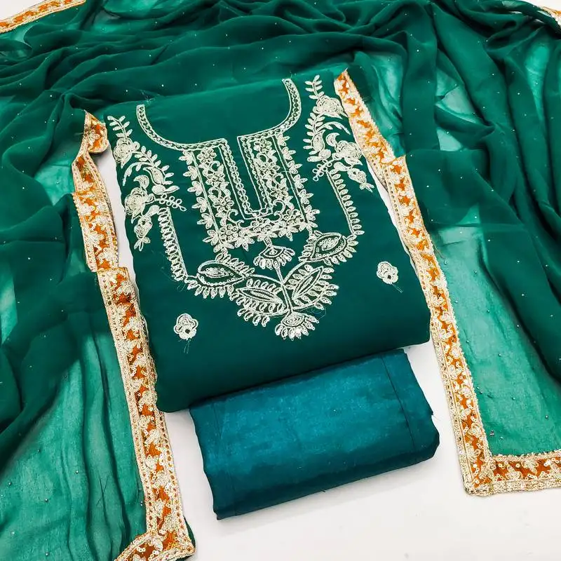 Women's sea green unstitched heavy embroidery & fancy border georgette dress material (gngr50127sgn)