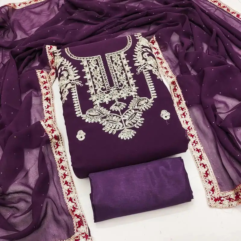 Women's purple unstitched heavy embroidery & fancy border georgette dress material (gngr50127ppl)