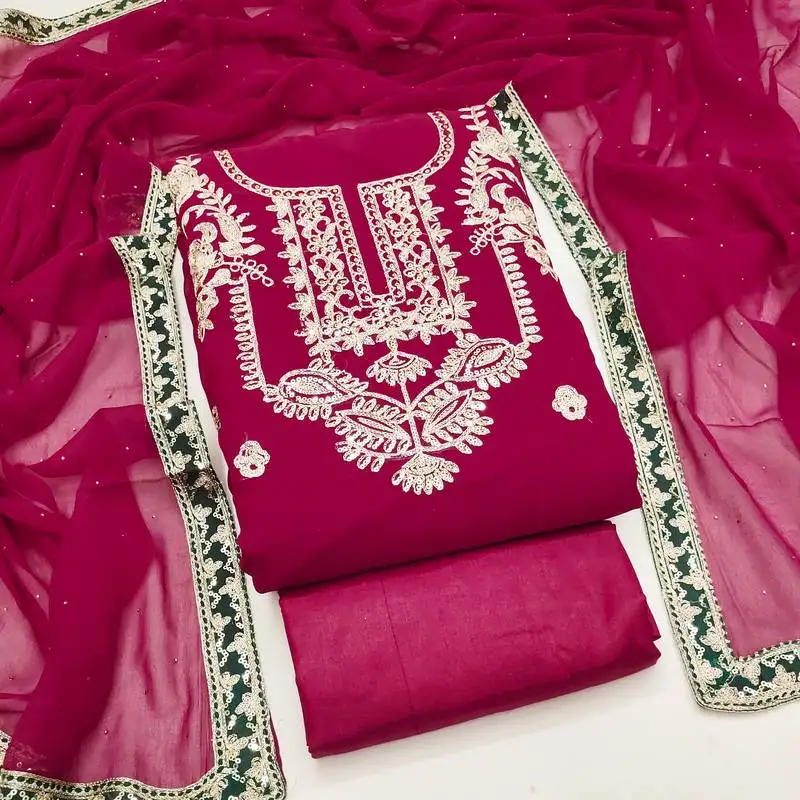 Women's magenta unstitched heavy embroidery & fancy border georgette dress material (gngr50127mgt)