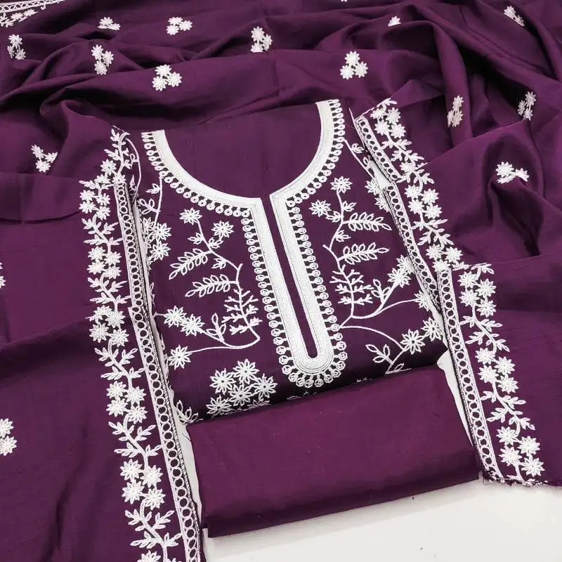 Women's purple unstitched heavy thread embroidery & fancy border jalpari silk dress material (gngr50126ppl)