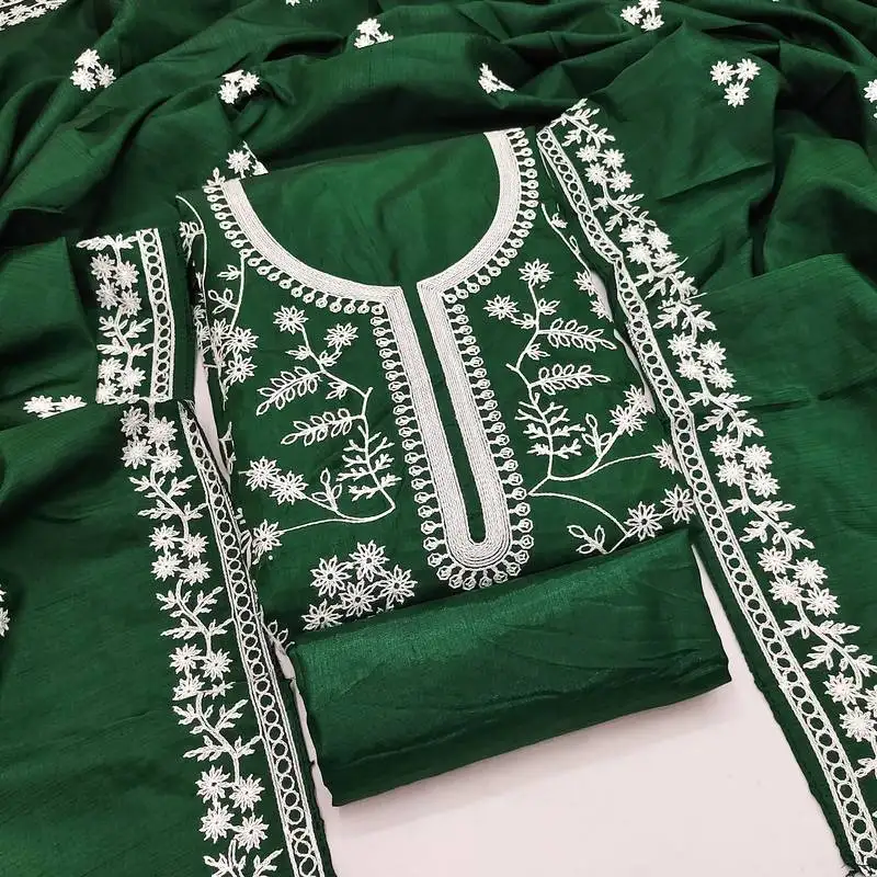 Women's green unstitched heavy thread embroidery & fancy border jalpari silk dress material (gngr50126grn)