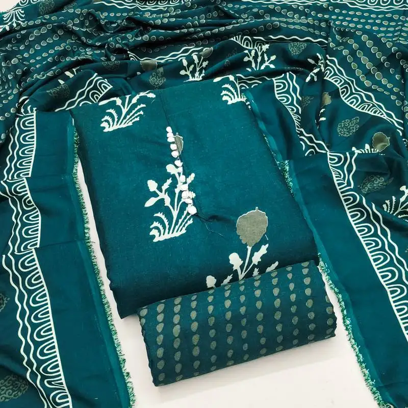 Women's sea green unstitched print slub cotton dress material (gngr50125sgn)