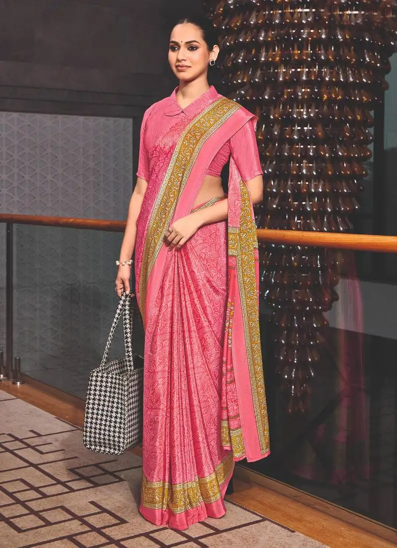 Pink crepe silk printed saree with unstitched blouse