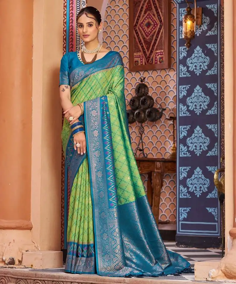 Green blue soft silk blend saree with unstitched blouse