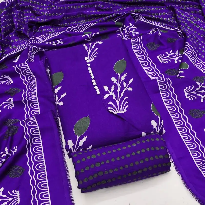 Women's royal blue unstitched print slub cotton dress material (gngr50125rbl)