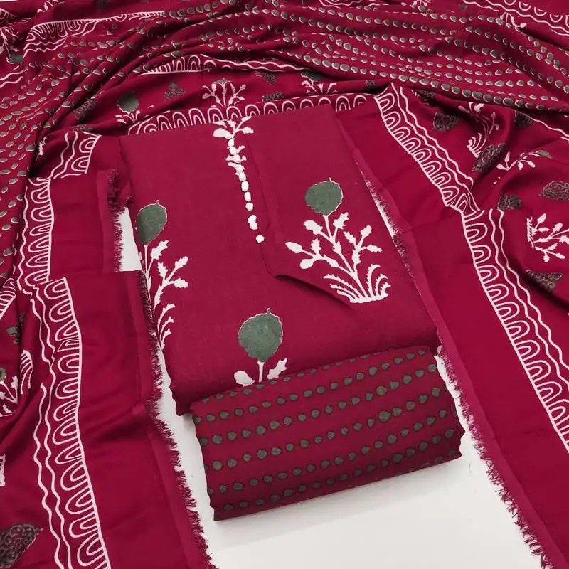 Women's maroon unstitched print slub cotton dress material (gngr50125mrn)