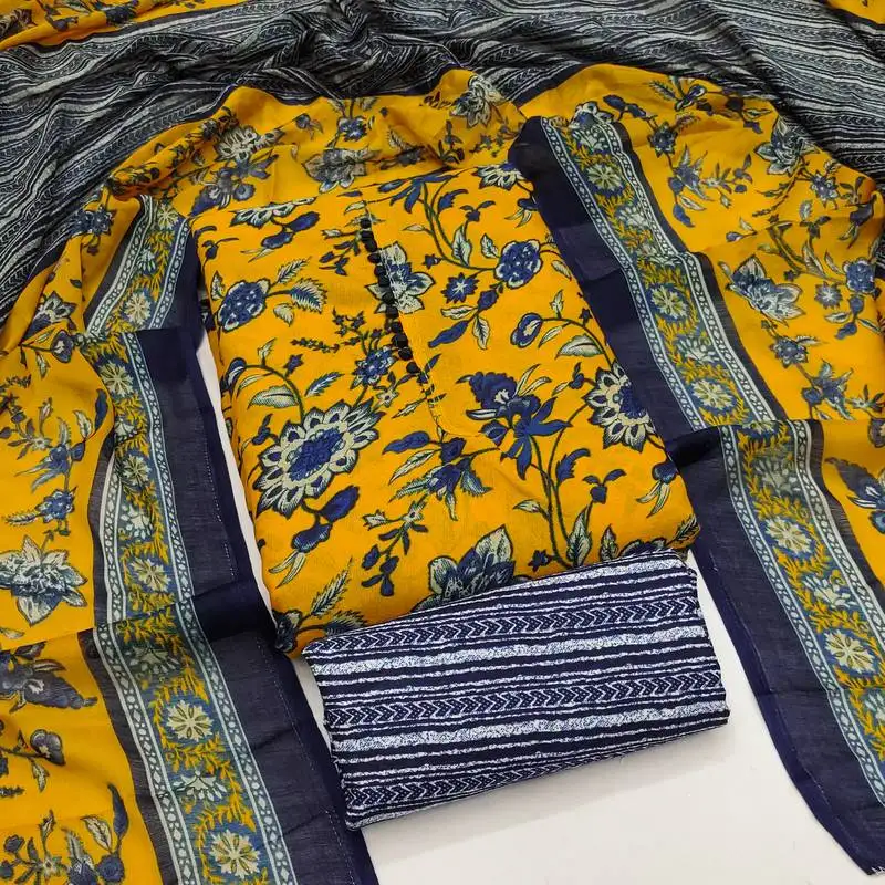 Women's mustard unstitched print slub cotton dress material (gngr50125mtd)