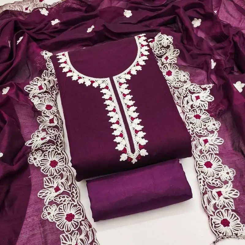 Women's purple unstitched heavy thread embroidery & fancy border chanderi silk dress material (gngr50124ppl)