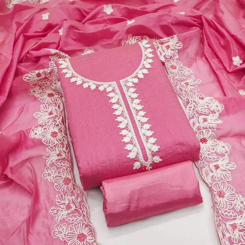 Women's pink unstitched heavy thread embroidery & fancy border chanderi silk dress material (gngr50124pnk)