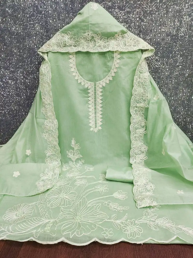 Women's light green unstitched heavy thread embroidery & fancy border chanderi silk dress material (gngr50124lgn)