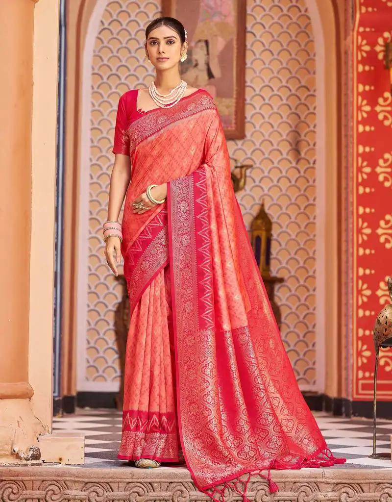 Orange red soft silk blend saree with unstitched blouse