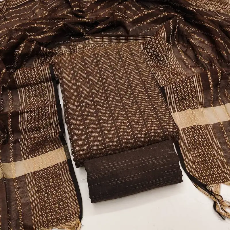 Women's brown unstitched weaving cotton jacquard dress material (gngr50123bwn)