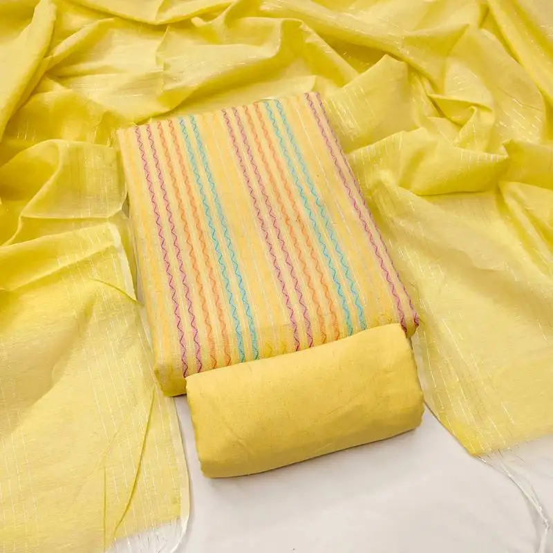 Women's yellow unstitched weaving cotton jacquard dress material (gngr50122ylw)