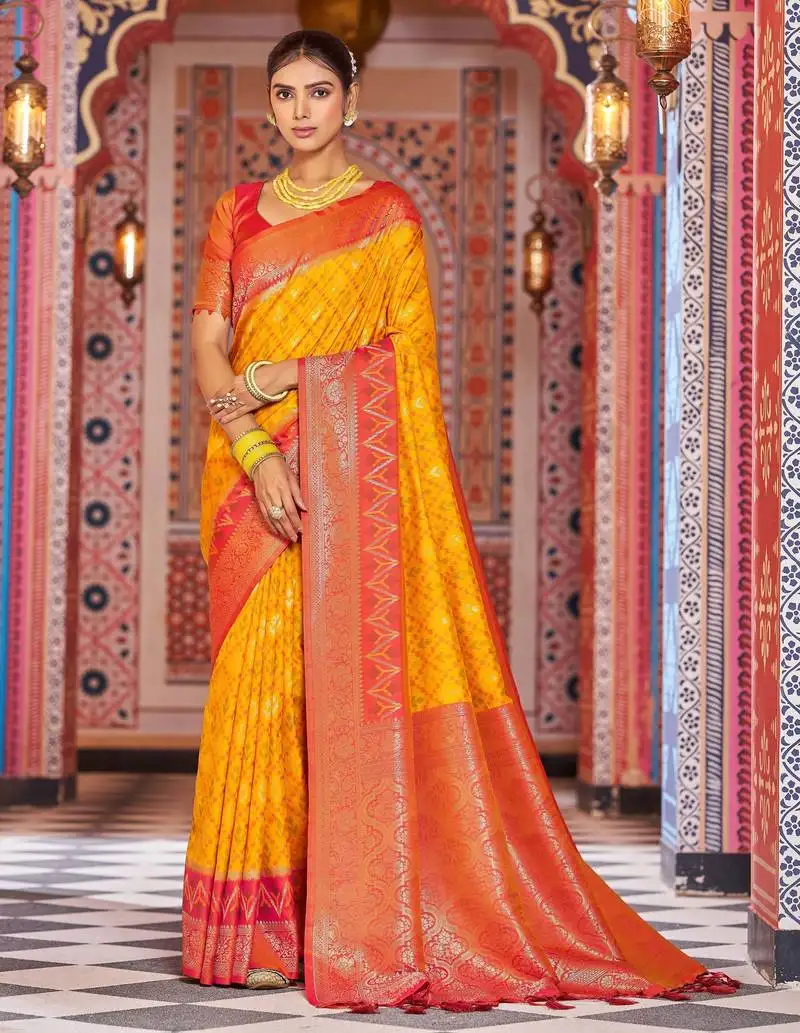 Yellow rama soft silk blend saree with unstitched blouse