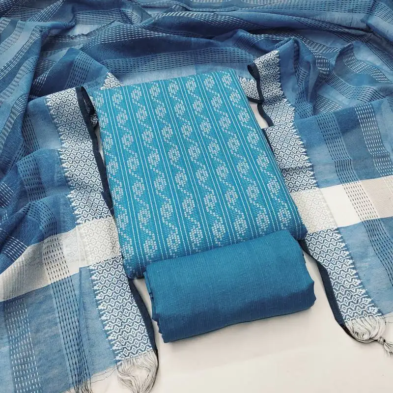 Women's sky blue unstitched weaving cotton jacquard dress material (gngr50121sbl)