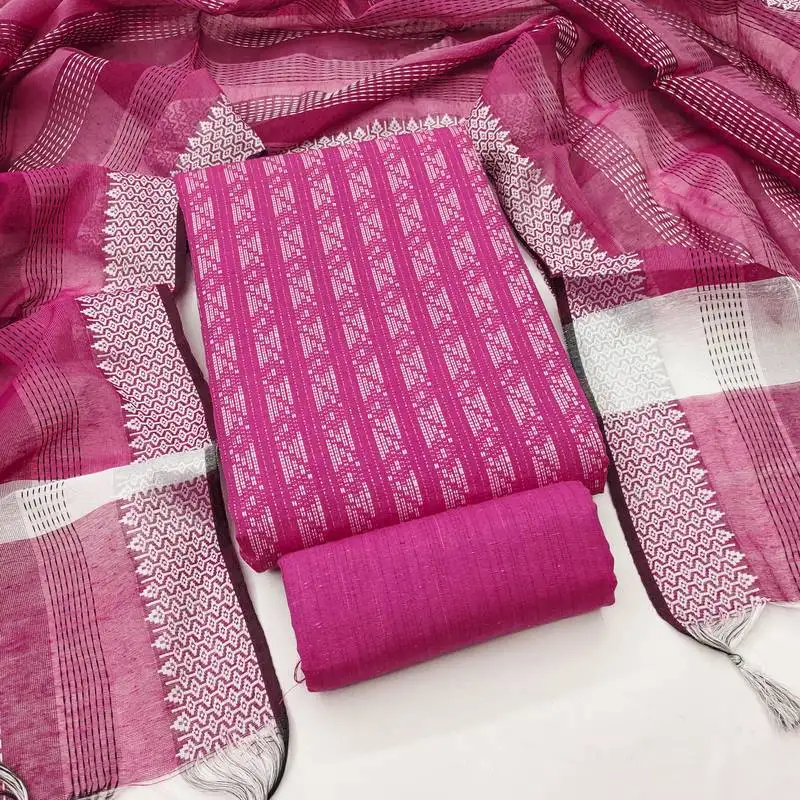 Women's pink unstitched weaving cotton jacquard dress material (gngr50121pnk)