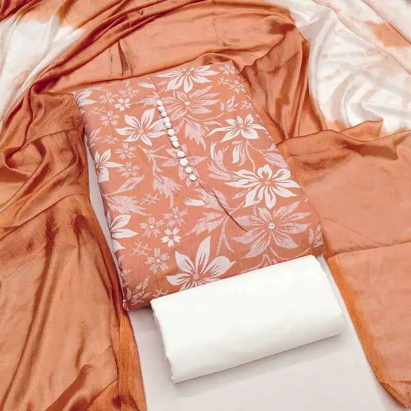 Women's peach unstitched print cotton dress material (gngr50120pch)