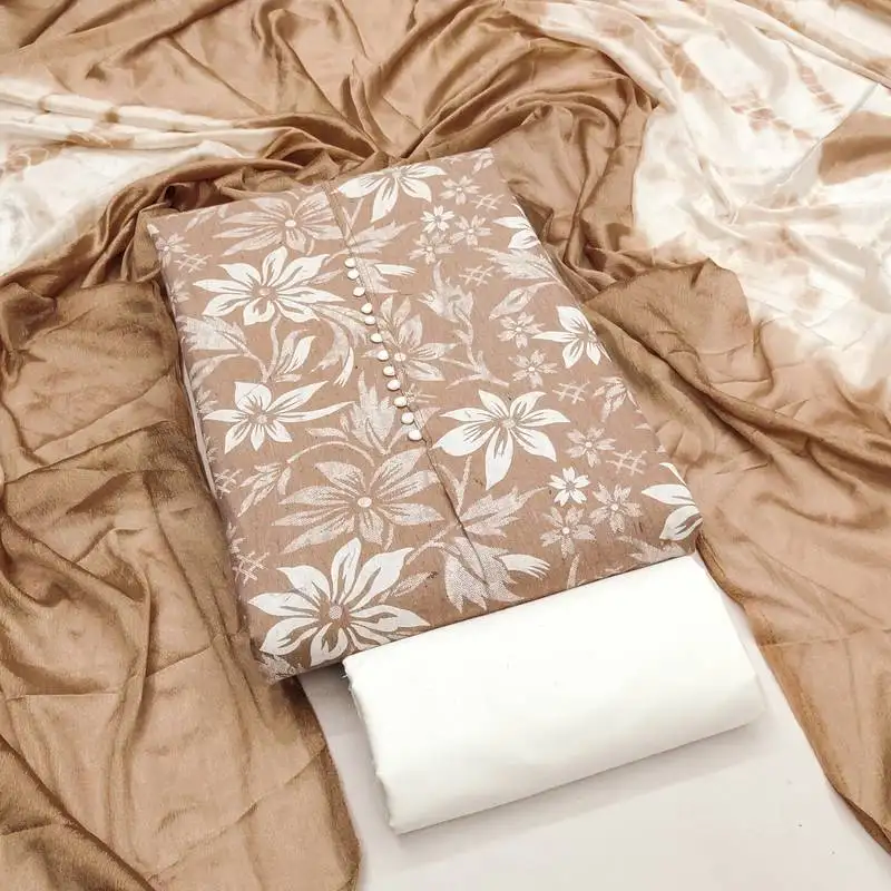 Women's brown unstitched print cotton dress material (gngr50120bwn)