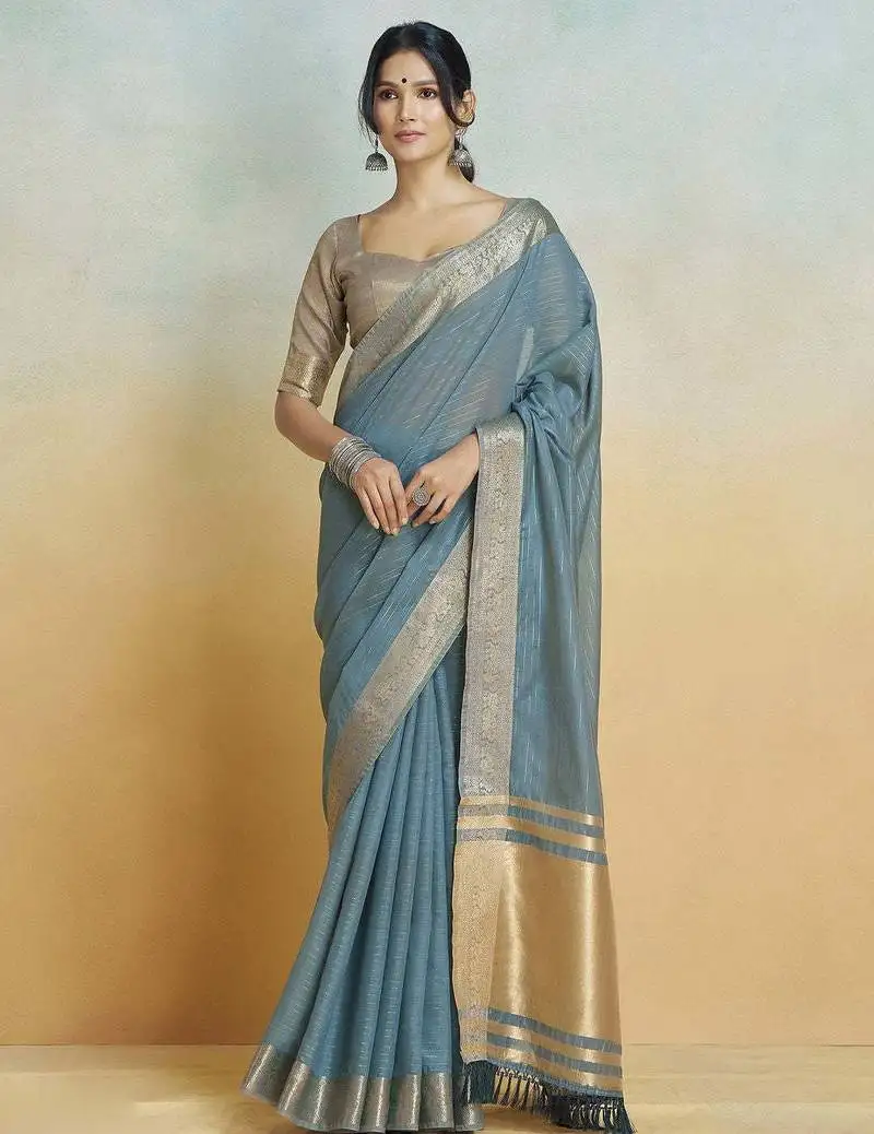 Blue grey silk blend saree with unstitched blouse
