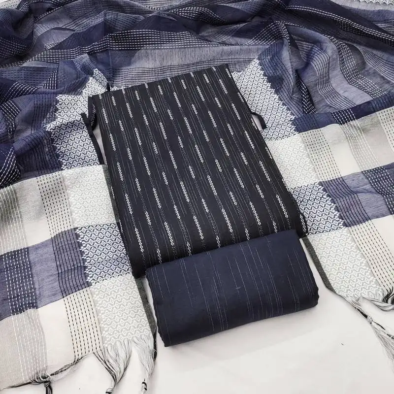 Women's blue unstitched weaving cotton jacquard dress material (gngr50119blu)