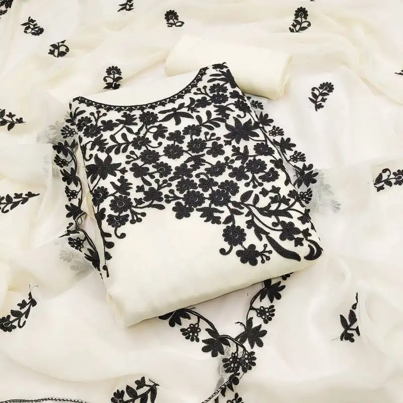 Women's white unstitched heavy thread embroidery georgette dress material (gngr50118wht)