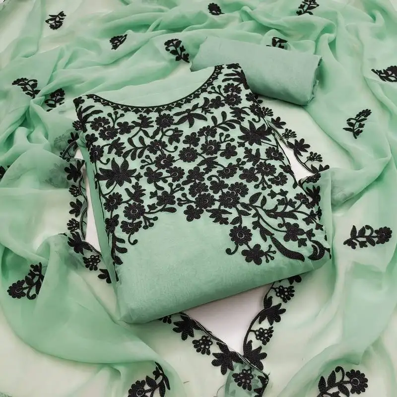 Women's sea green unstitched heavy thread embroidery georgette dress material (gngr50118sgn)