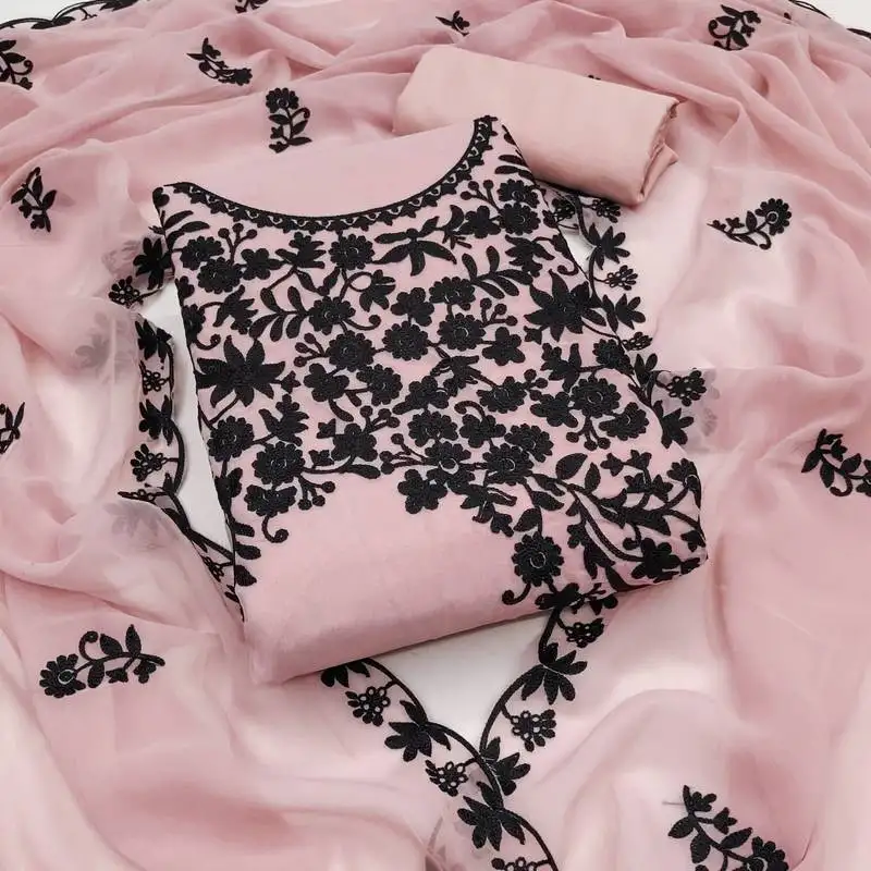 Women's pink unstitched heavy thread embroidery georgette dress material (gngr50118pnk)