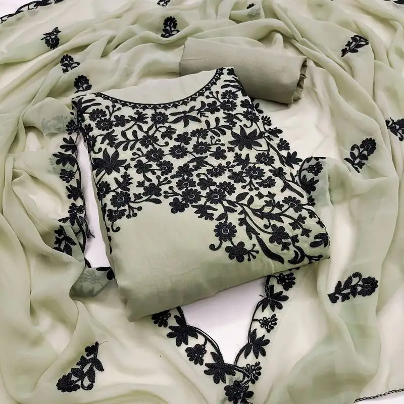 Women's grey unstitched heavy thread embroidery georgette dress material (gngr50118gry)