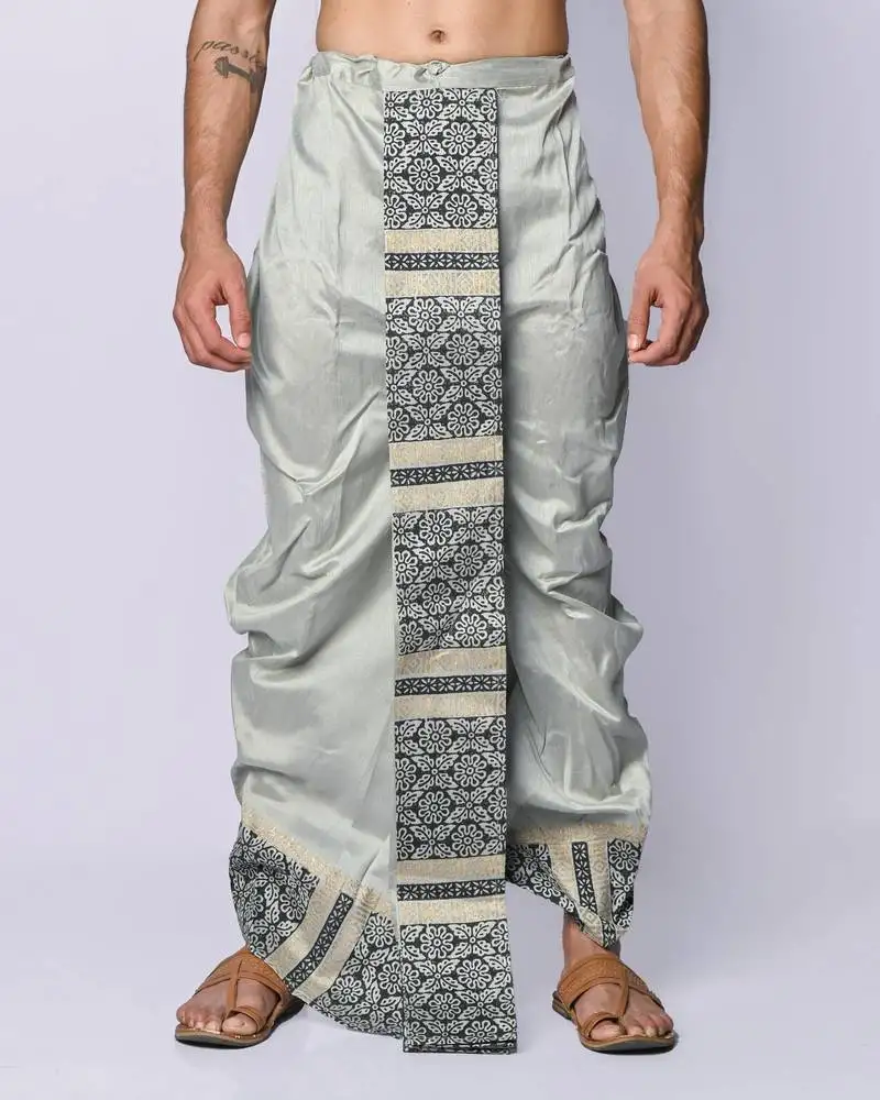 Grey hand block print dupion silk dhoti for men (free size)
