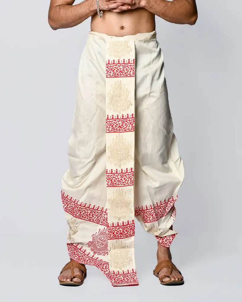 Cream hand block print dupion silk dhoti for men (free size)