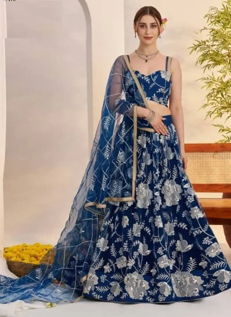 Peacock blue heavy embroidery net semi stitch a line lehenga with blouse