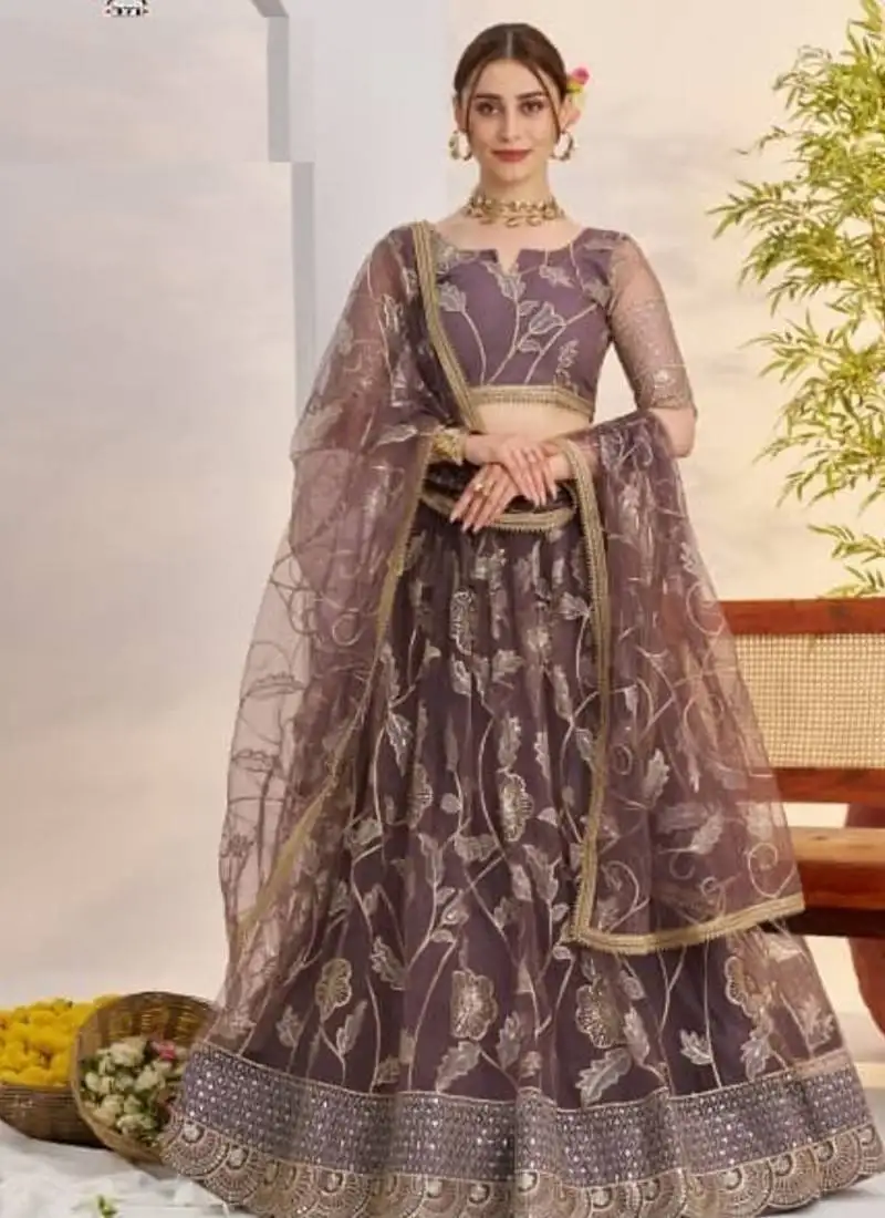 Light onion heavy embroidery net semi stitch a line lehenga with blouse