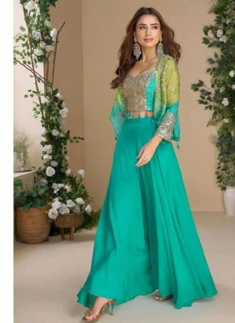 Blue and green bandhani print chinon silk palazzo & top with shrug sets - free size upto 44 stitched