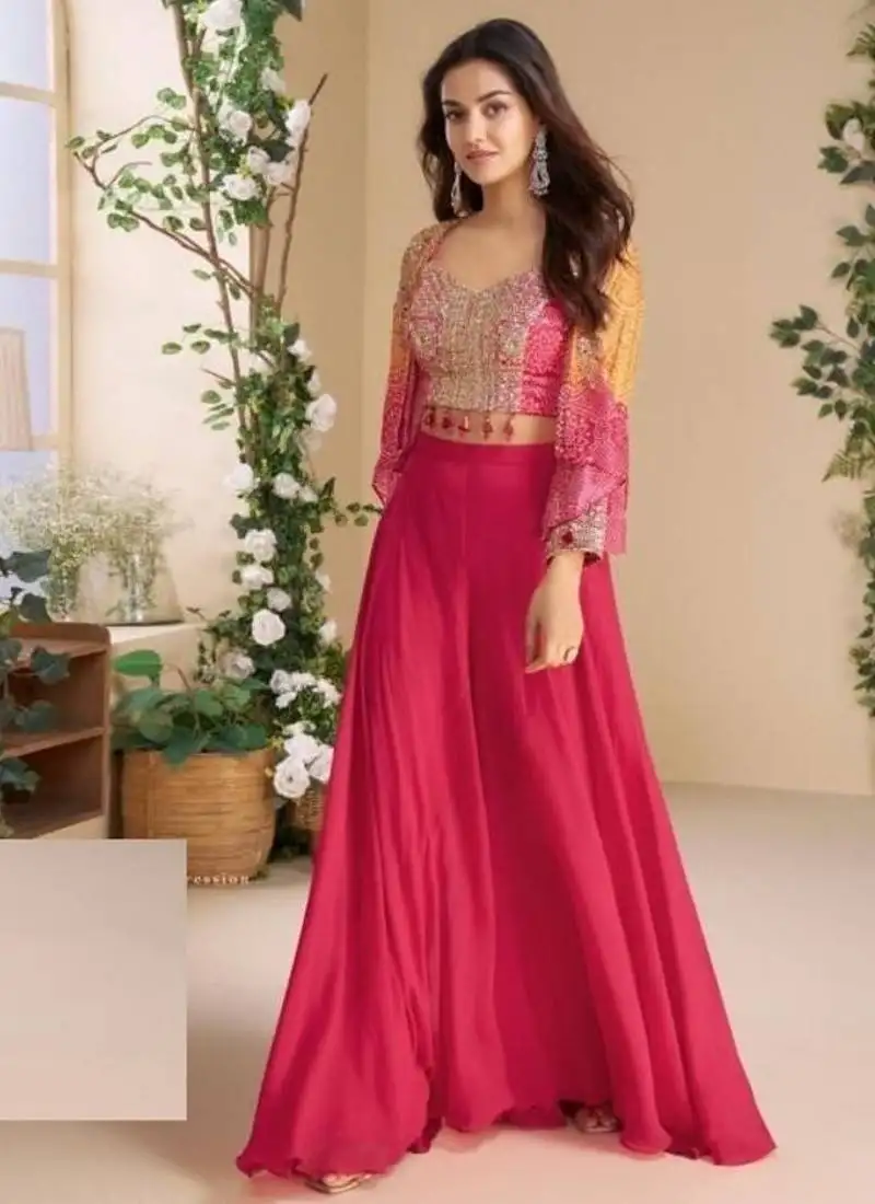 Pink and orange bandhani print chinon silk palazzo & top with shrug sets - free size upto 44 stitched