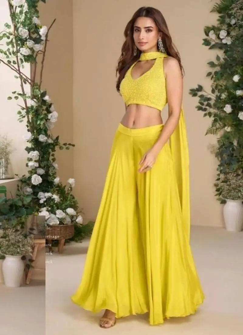 Yellow halter neck pearl work chinon silk palazzo,top & neck dupatta free size upto 44 stitched