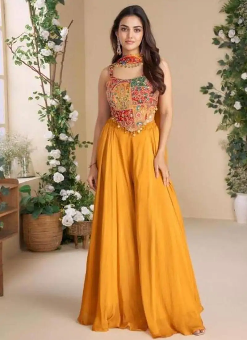 Orange chinon silk palazzo & top with dupatta - free size upto 44 stitched