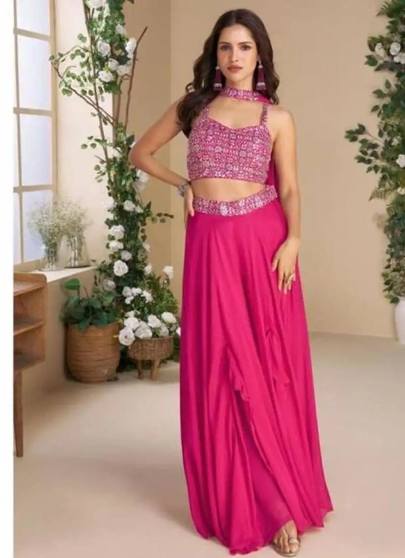 Pink chinon silk palazzo & top with dupatta - free size upto 44 stitched