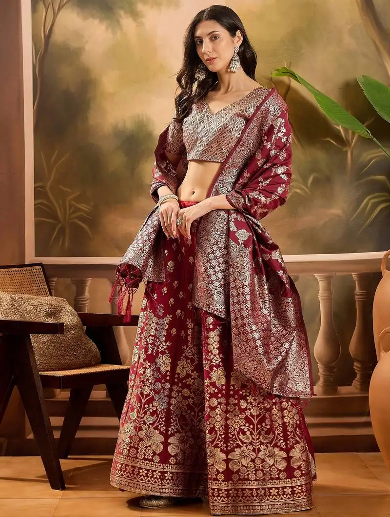 Women's maroon colour banarasi jacquard weaving flaired lehenga choli