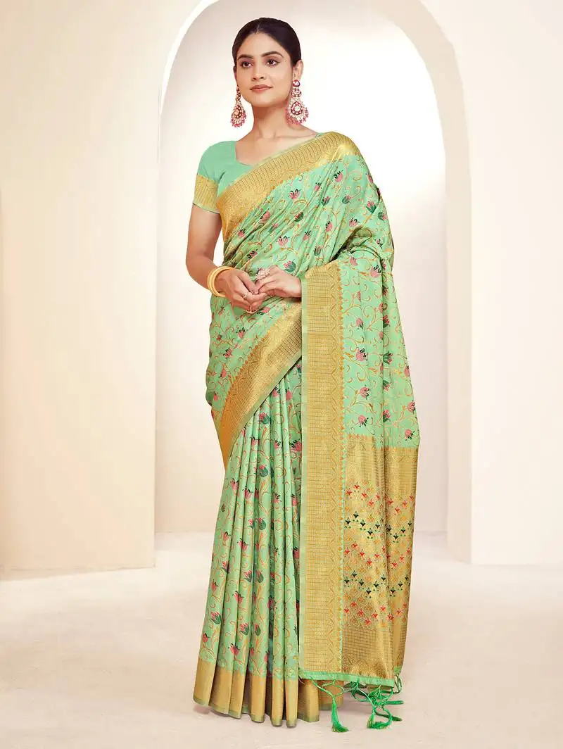 Sea green silk woven work traditional saree