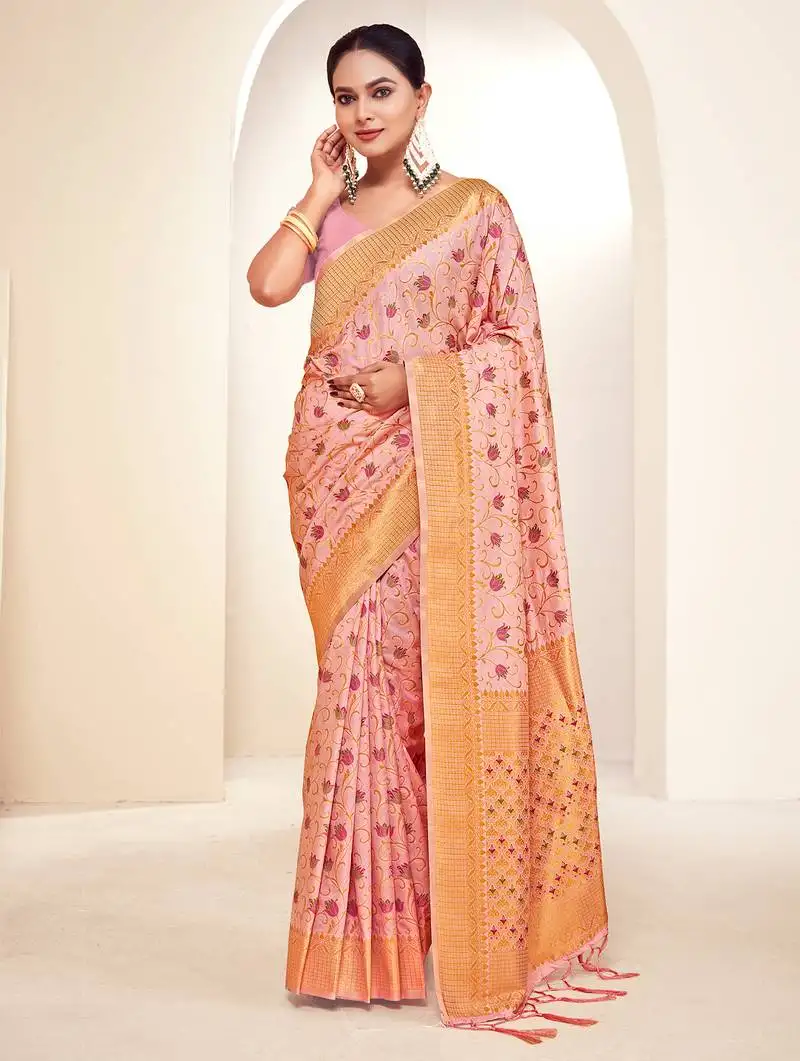 Pink silk woven work traditional saree