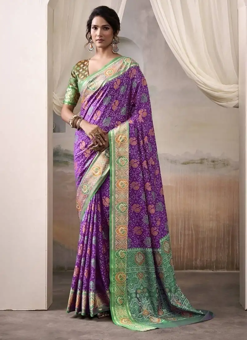Purple & green patola silk blend festival wear saree