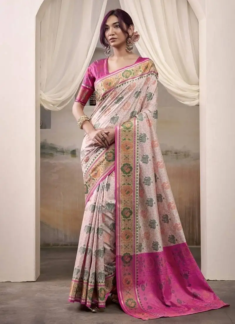 Off-white & pink patola silk blend festival wear saree