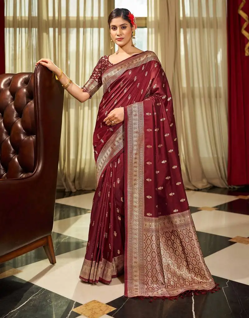 Maroon silk blend saree with unstitched blouse