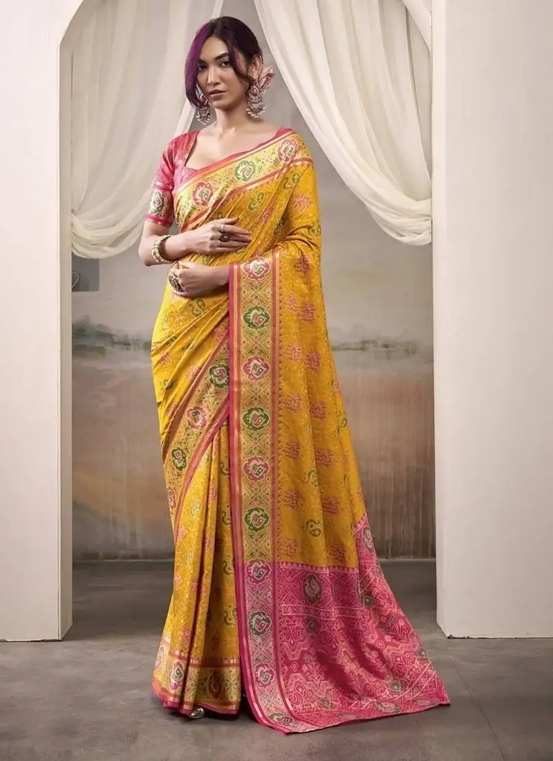 Mustard & pink patola silk blend festival wear saree