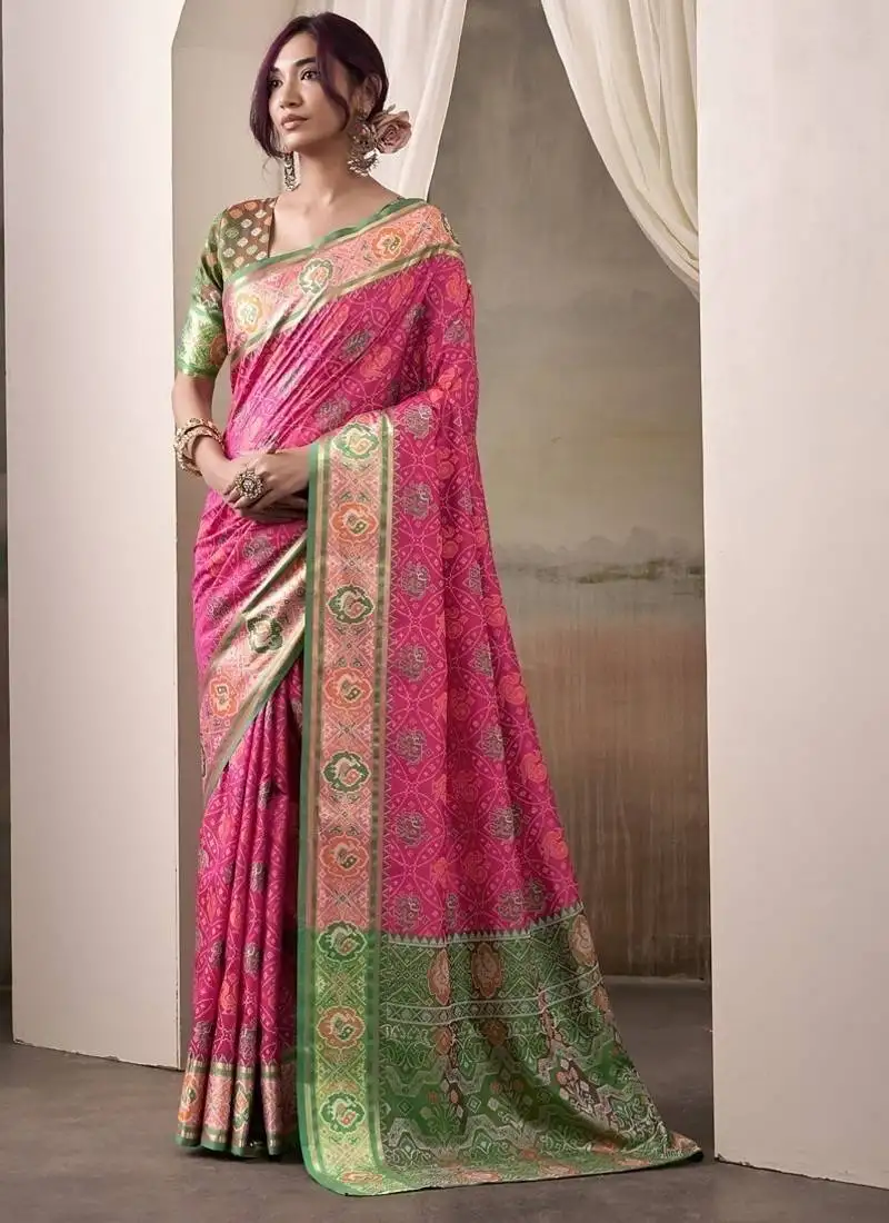 Pink & green patola silk blend festival wear saree