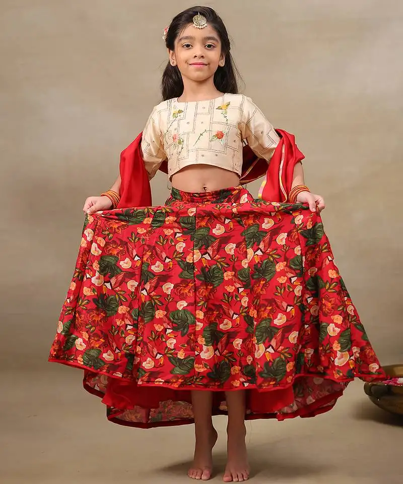 Red printed chanderi lehenga