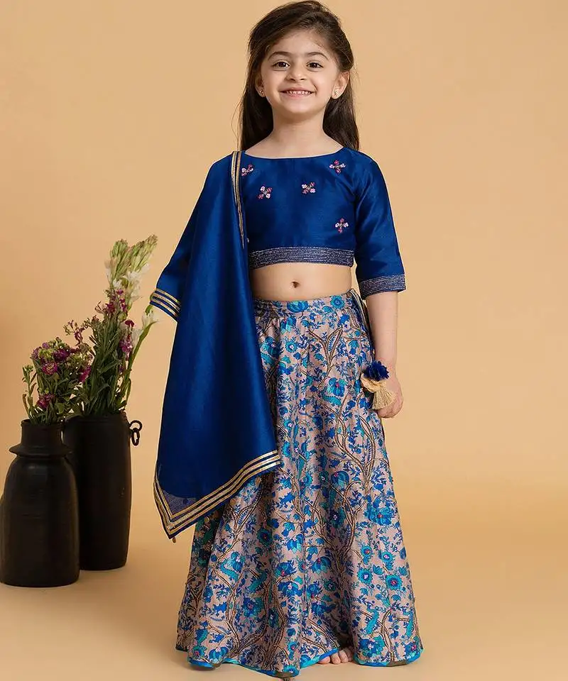 Blue printed chanderi lehenga