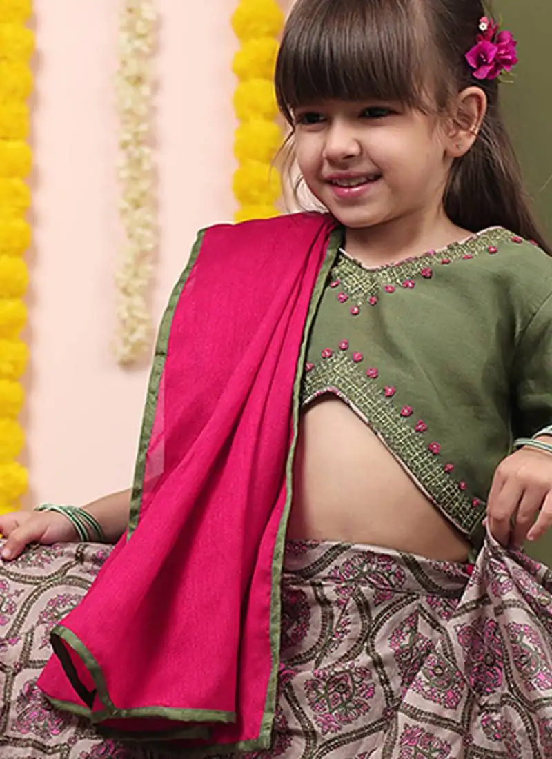 Green printed chanderi lehenga