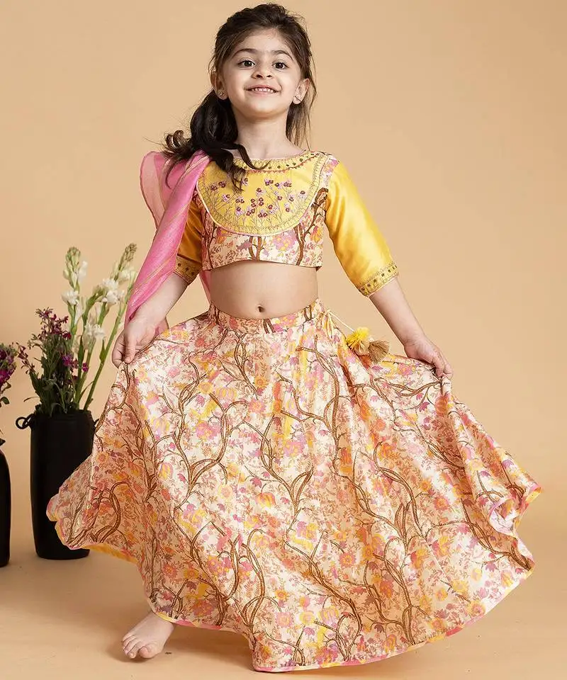 Yellow printed chanderi lehenga
