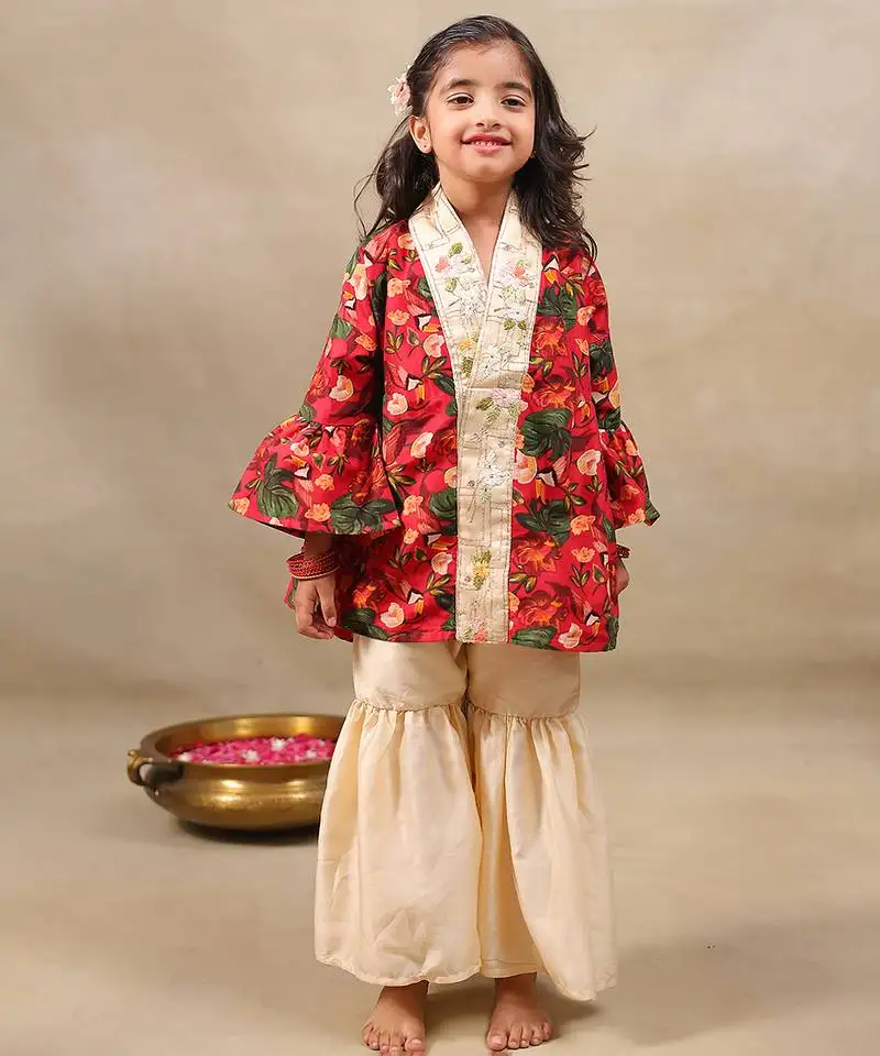 Red printed chanderi kurta set